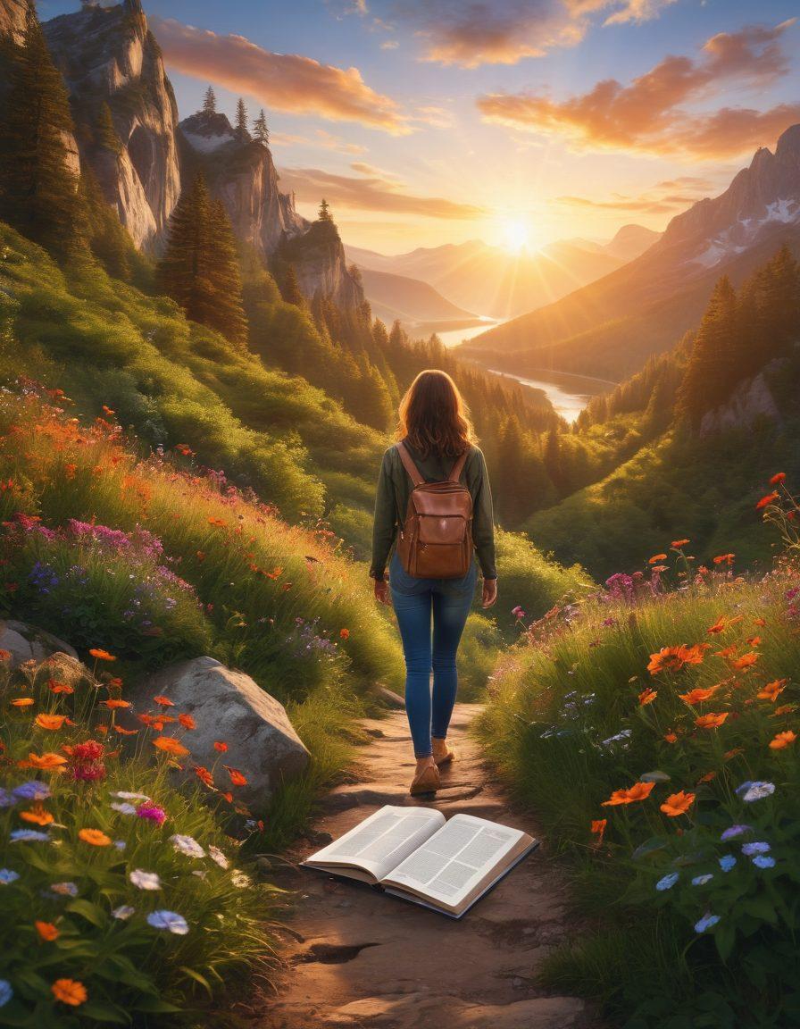 A confident woman standing at the edge of a scenic mountain trail, with a radiant sunrise behind her, symbolizing empowerment and new beginnings. She is surrounded by lush greenery and wildflowers, embodying a flawless lifestyle. Elements of self-discovery are represented by a journal and compass at her feet. Emphasize vibrant colors and a sense of tranquility. super-realistic. vibrant colors. 3D.