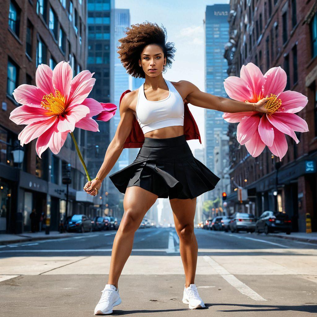 A dynamic split image showcasing a stylish woman in fashionable attire on one side and the same woman engaging in a high-energy fitness routine on the other. Incorporate elements symbolizing empowerment, such as a strong fist and a blooming flower. The background should blend urban cityscapes with serene nature, representing balance in lifestyle. Use vibrant colors to evoke energy and inspiration. super-realistic. vibrant colors. a warm inviting atmosphere.