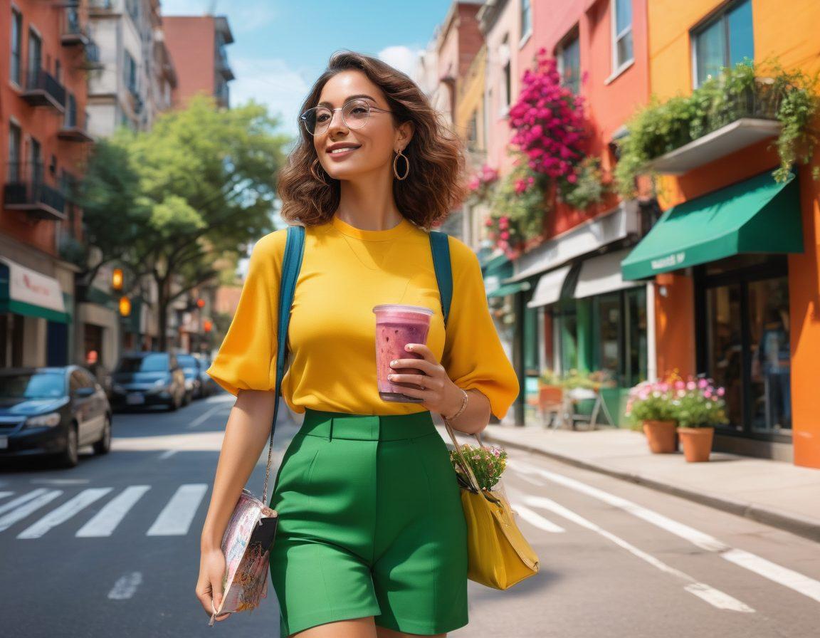 A confident modern woman walking along a vibrant city street, wearing a stylish outfit that reflects her personality. In one hand, she holds a colorful smoothie, and in the other a self-care journal, surrounded by blooming flowers and greenery that symbolize growth. The background features a blend of urban elements and nature, showcasing balance in life. Bright, uplifting colors highlight the themes of empowerment and self-discovery. super-realistic. vibrant colors. urban and natural elements.